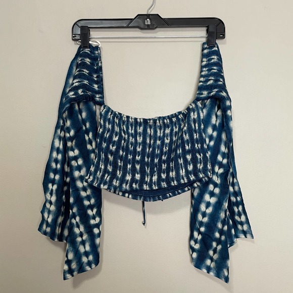 Tori Praver Off Shoulder Tie Dye Lace Up Long Sleeve Crop Top Tube Top Blue S - Picture 2 of 6